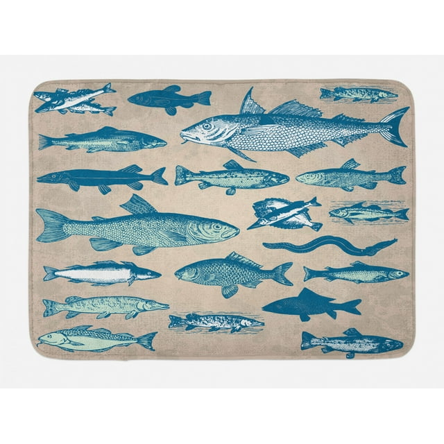Fish Bath Mat, Vintage Style Collection of Various Different Fish Animals Seafood Theme Grunge Effect, Non-Slip Plush Mat Bathroom Kitchen Laundry Room Decor, 29.5 X 17.5 Inches, Multicolor, Ambesonne