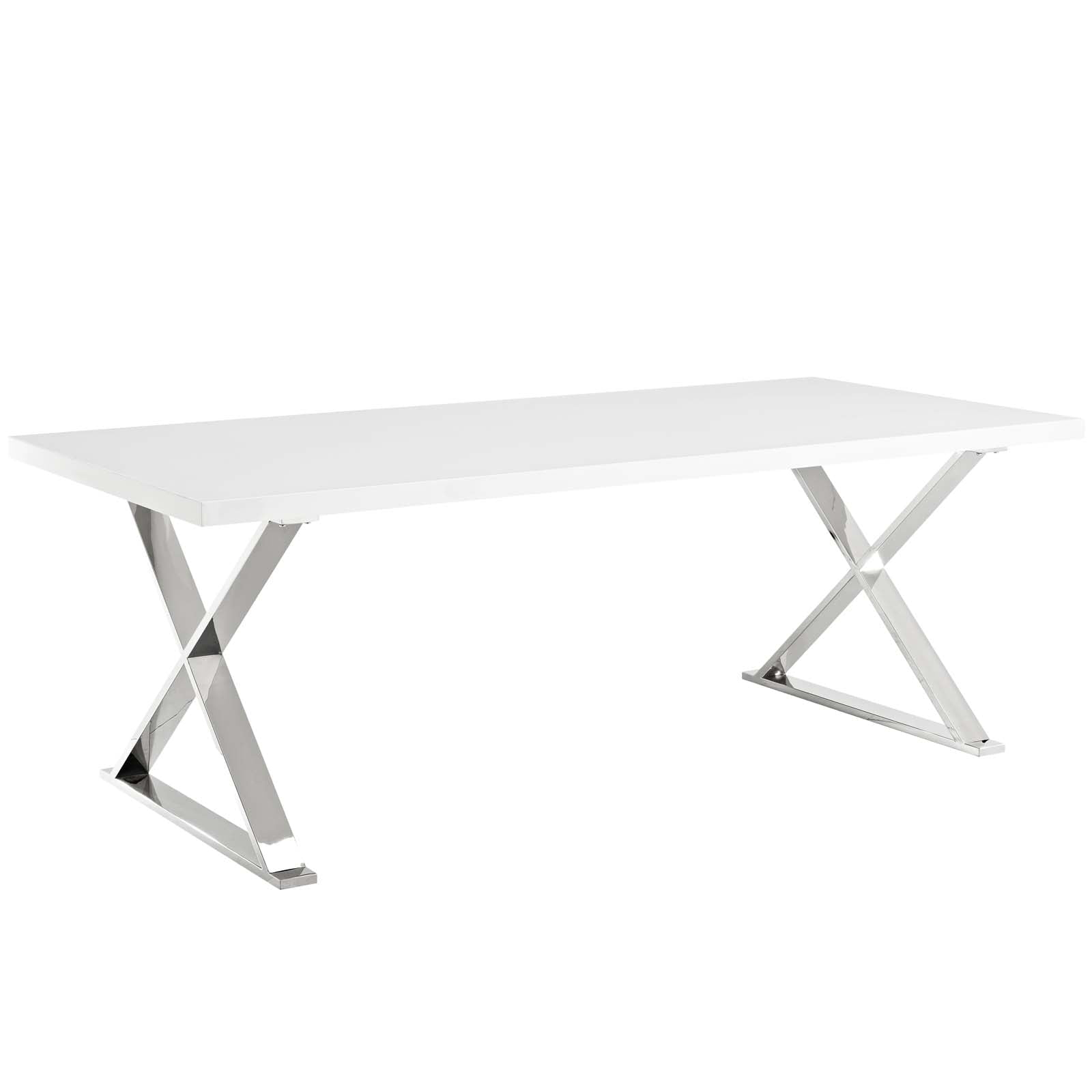 Modway Sector 87" Wood & Stainless Steel Cross Base Dining Table in White/Silver