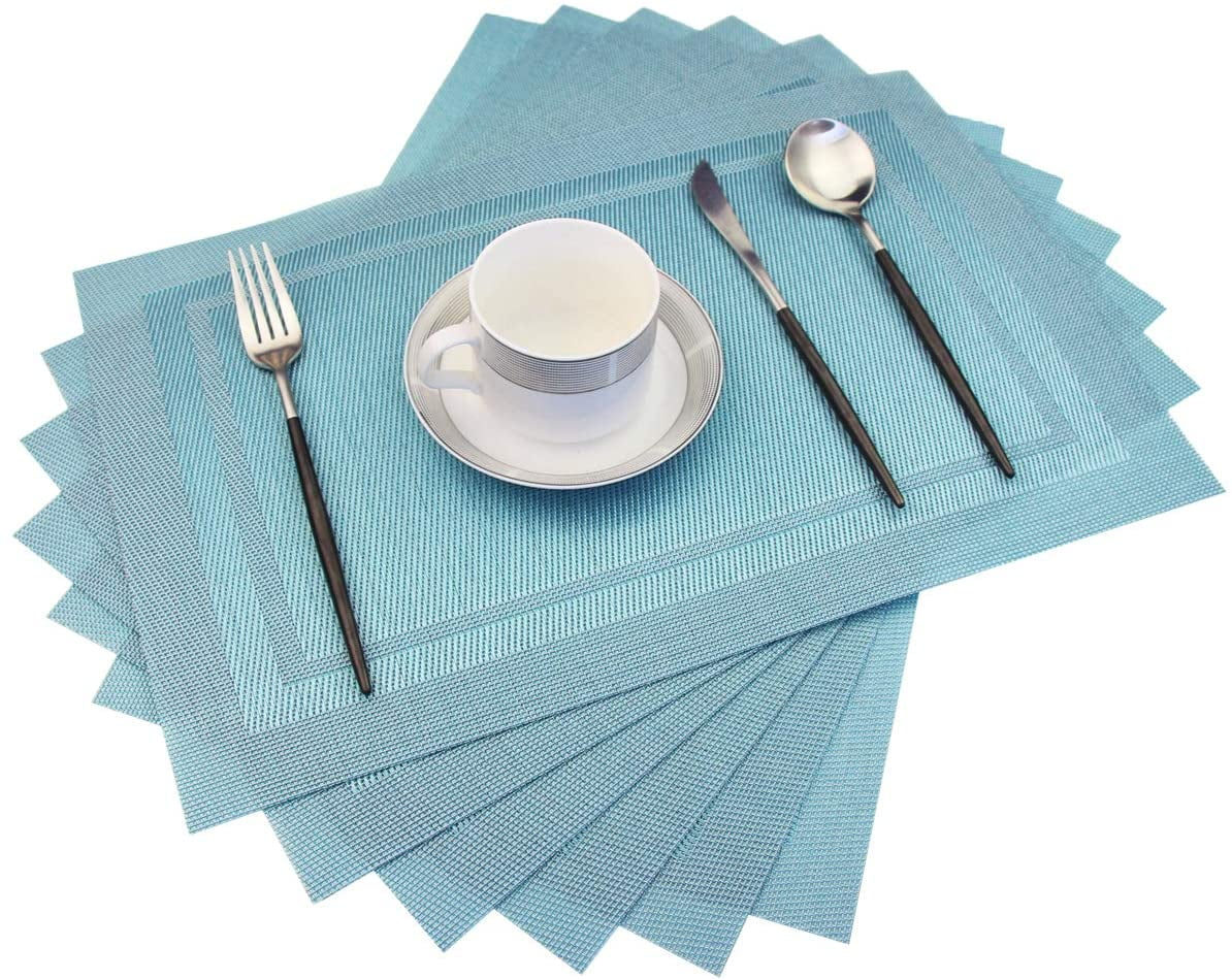 pigchcy Placemats, Heat Insulation Non Slip Plastic Placemats, Washable Easy to Clean Woven Vinyl Kitchen Stain Resistant Placemats for Dining Table Set of 6 (Sky Blue)