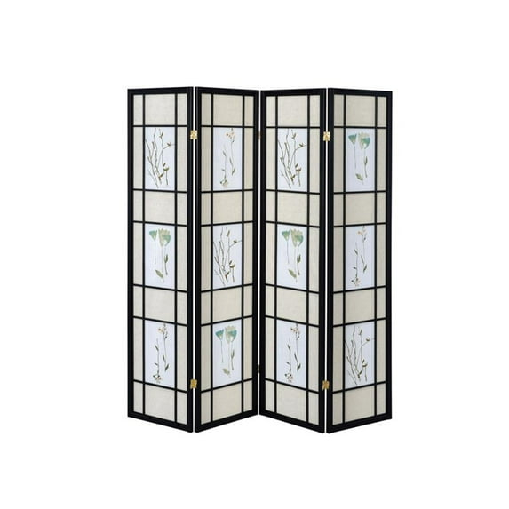 4-Panel Folding Screen with Floral Motif, Multicolor