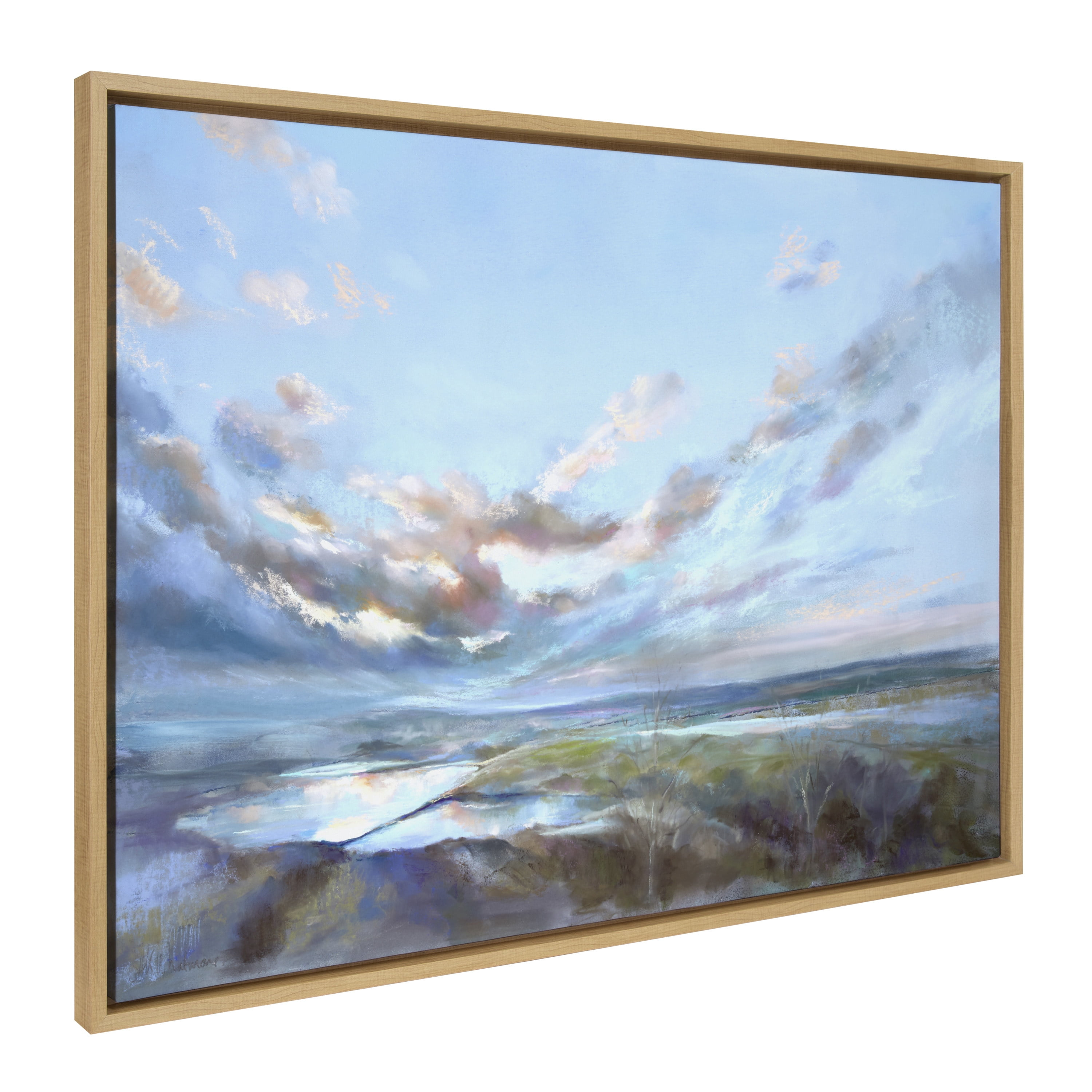 Kate and Laurel Sylvie Looking West Fairburn Ings Framed Canvas Wall Art by Nel Whatmore, 28x38 Natural, Blue Ocean Skies Landscape Painting Art for Wall Decor