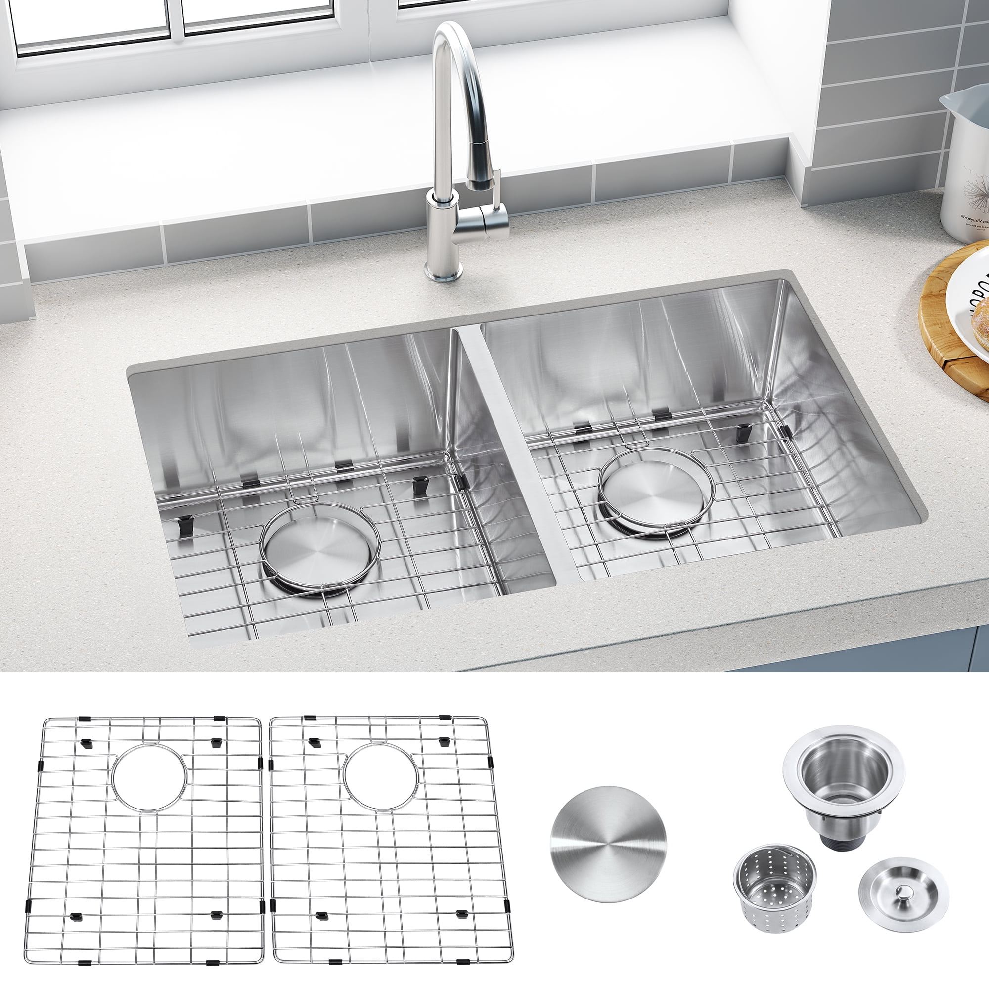 Double Bowls Undermount Kitchen Sink,32 Inch Stainless Steel Sink Double Bowls Undermount Kitchen Sink