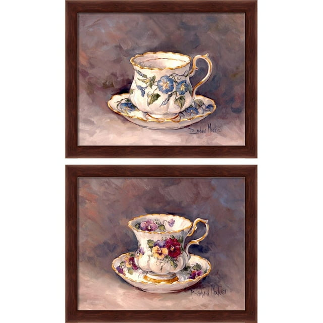 Great Art Now Morning Glory & Pansy Teacup by Barbara Mock, 2 Piece Framed Art Set Each 11.25"W x 9.25"H