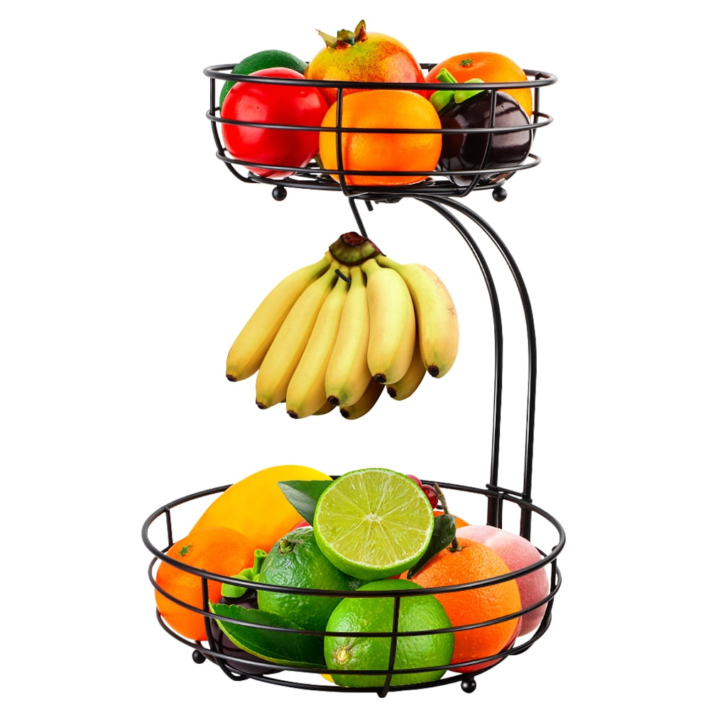 Bextsrack Fruit Basket for Kitchen Countertop, 2-Tier Vegetable Fruit Bowl with Banana Hanger, Black