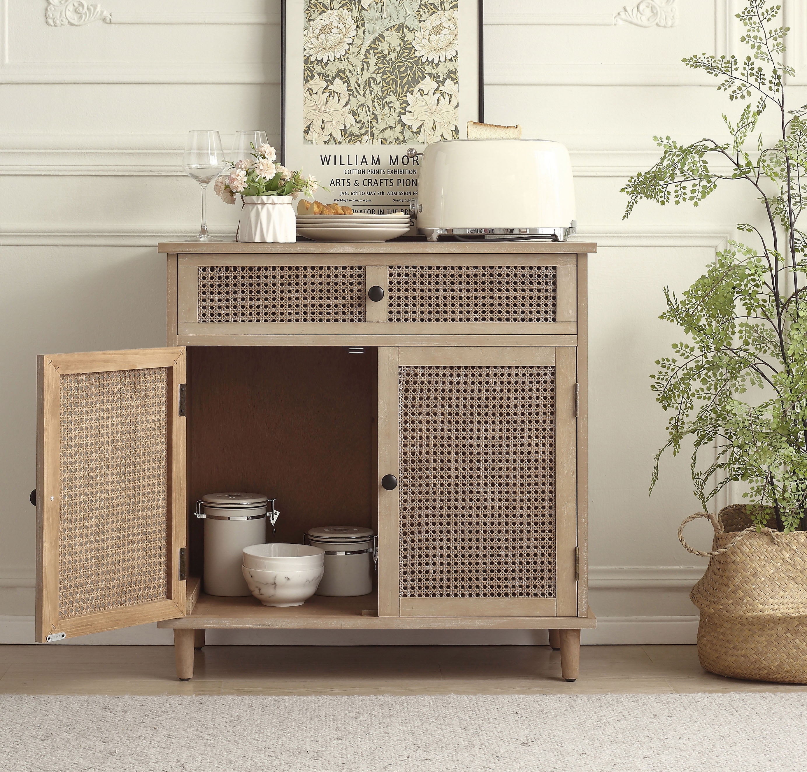 Art Leon Rustic Storage Cabinet with 2-Door&1Drawers Rattan Decoration Wood Finish,Oak Kitchen Console Table,Gray