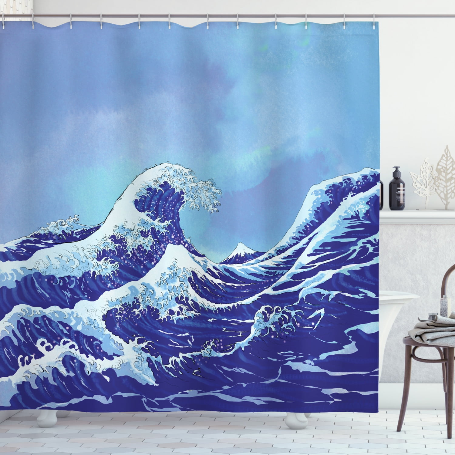 Ambesonne Blue Shower Curtain, Big Tsunami Ocean Nature, 69"Wx75"L, Pale Blue Royal Blue