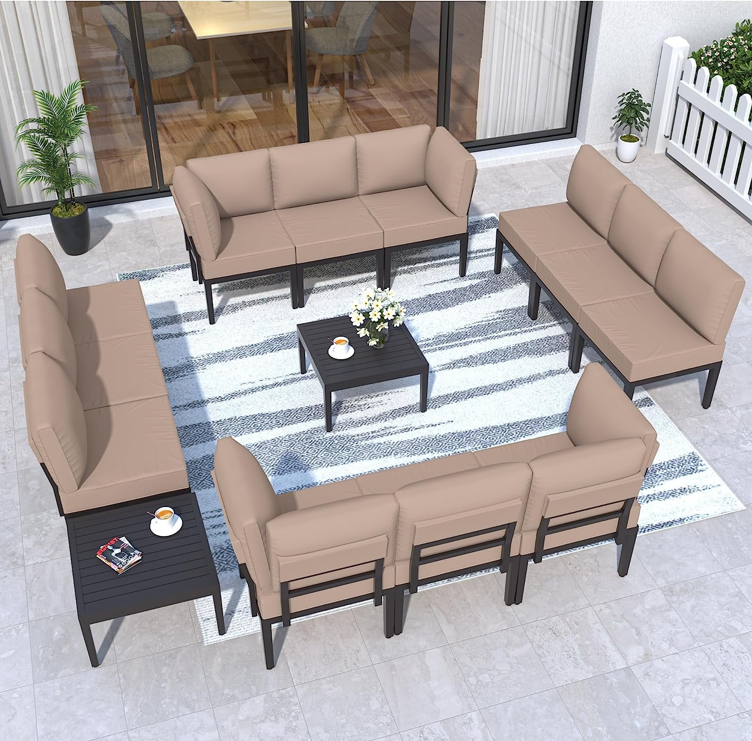 Kullavik Aluminum Patio Furniture Set,14 Pieces Modern Outdoor Conversation Set, Outdoor Metal Sectional Sofa with Thick Cushion and Coffee Table,Sand