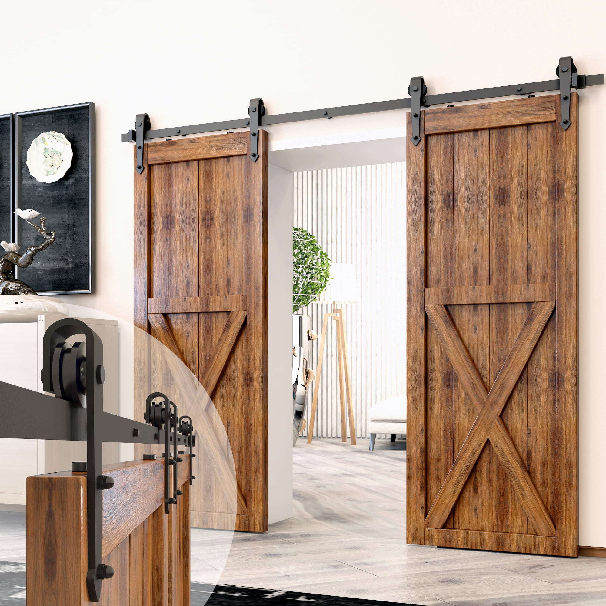 Homacer Black Rustic Sliding Barn Door Hardware Kit, for Two/Double Doors, 5.5ft Long Flat Track, Arrow Design Roller, Heavy Duty, for Interior & Exterior Use