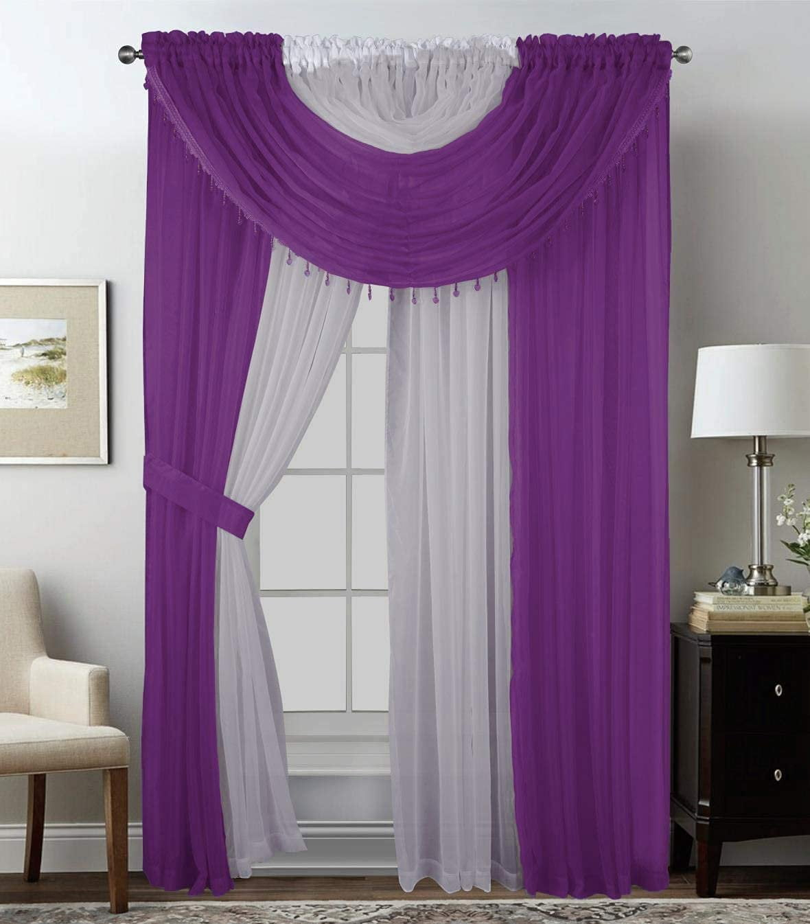 Sapphire Home Complete Window Sheer Curtain Panel Set with 4 Attached Panels 55x95 Each and 2 Valances with Beads and 2 Tiebacks - Easy Installation- Multicolor Purple and White