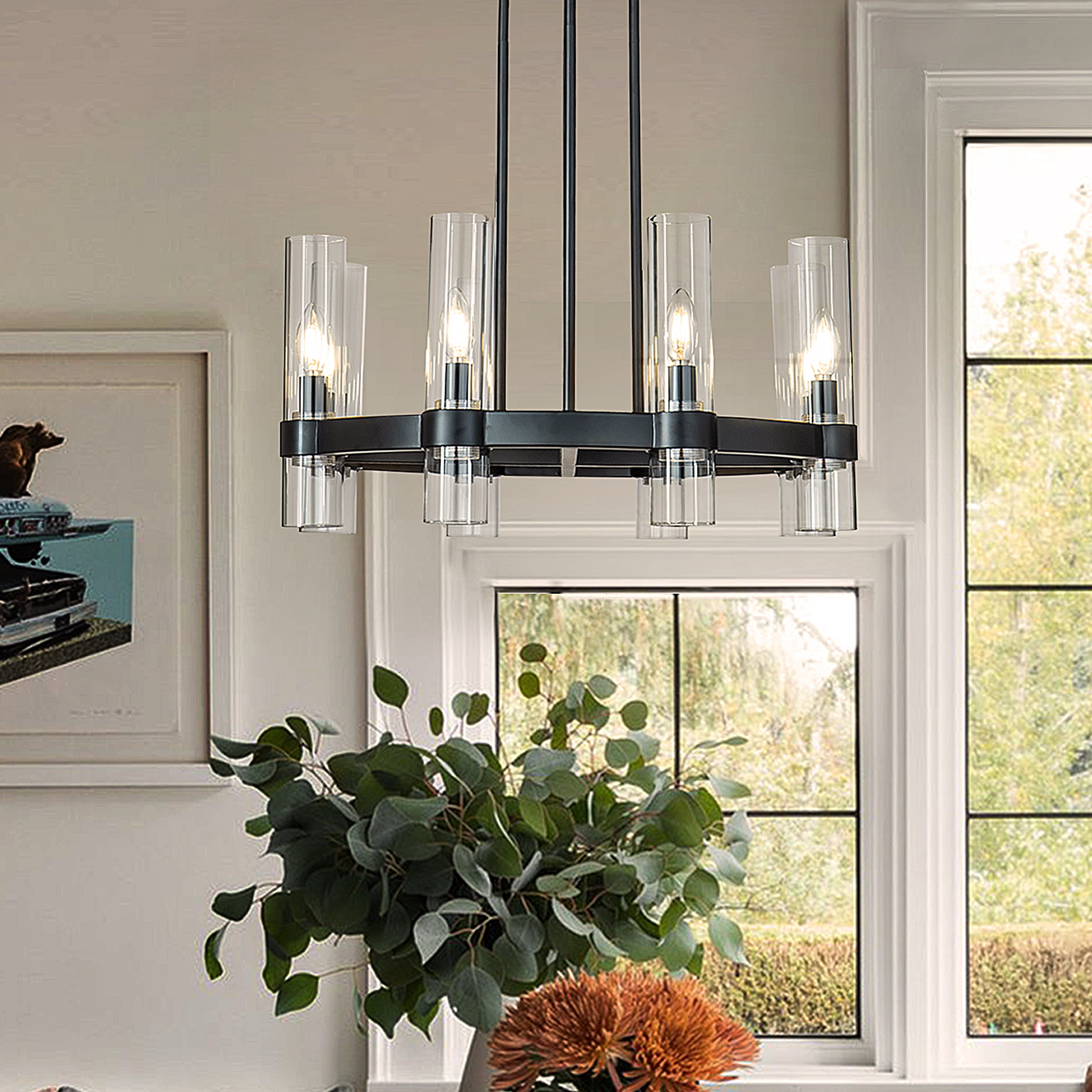 AloaDecor 8-Lights Modern Cylinder 25"  Wagon Wheel Matte Black Chandelier With Glass Accents - W:25.6"