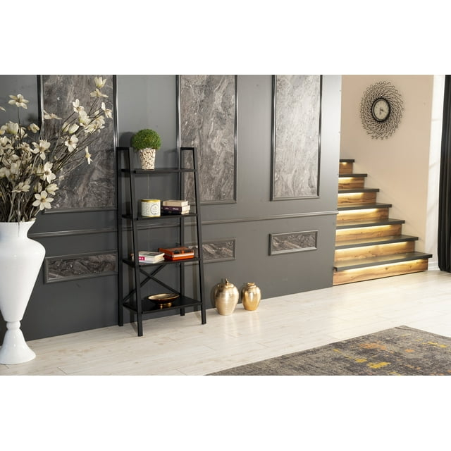 Leon 5 Tier Modern Ladder Bookshelf Organizers, Metal Frame Bookshelf for Small Spaces in Your Living Rooms, Office Furniture Bookcase, Black 949533