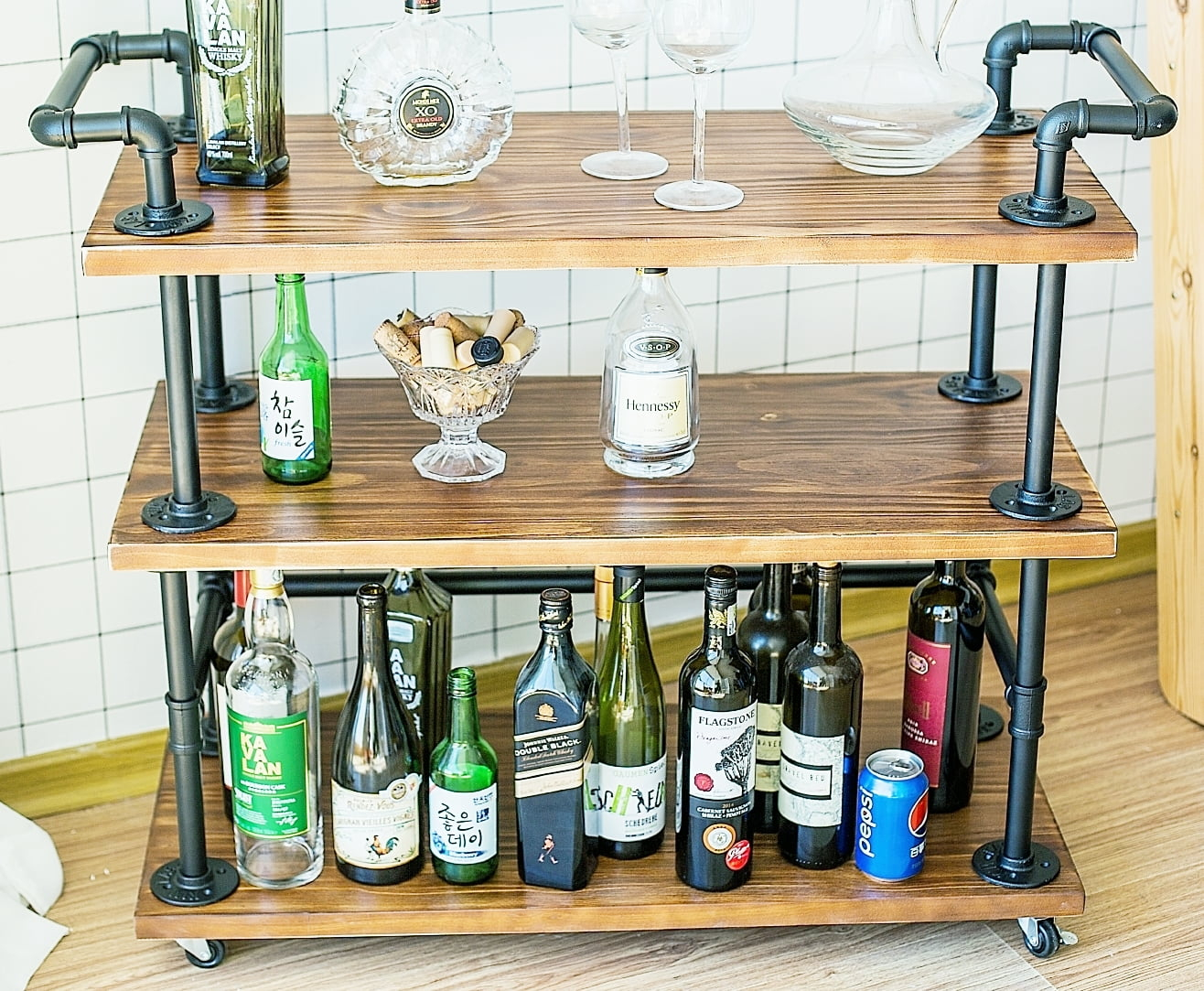 Industrial Bar Carts/Serving Carts/Kitchen Carts/Wine Rack Carts on Wheels with Storage - Industrial Rolling Carts - Wine Tea Liquor Shelves/Holder - Solid Wood and Metal Home Furniture