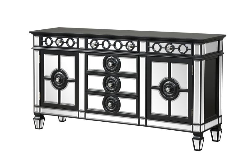 Sideboard Buffet with Storage, Mirror decoration Storage Cabinet with 6 Drawers, 2 Doors (Inside 2 Compartments w/1 Wooden Shelf) for Kitchen Room, Black