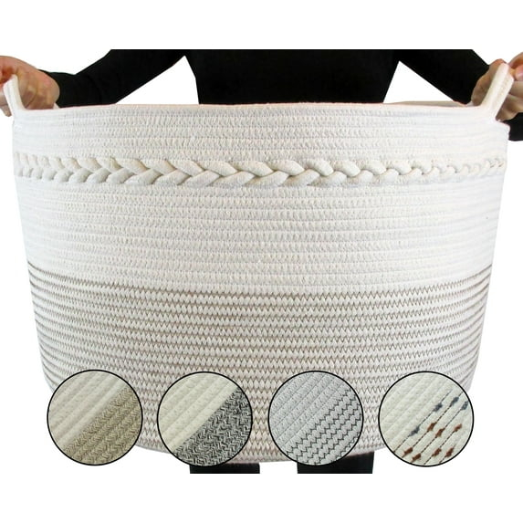 FRONT ARCH Cotton Extra Large Storage Basket XXL 20inX14in for Blanket Basket Living Room, Jute Rope Laundry Basket