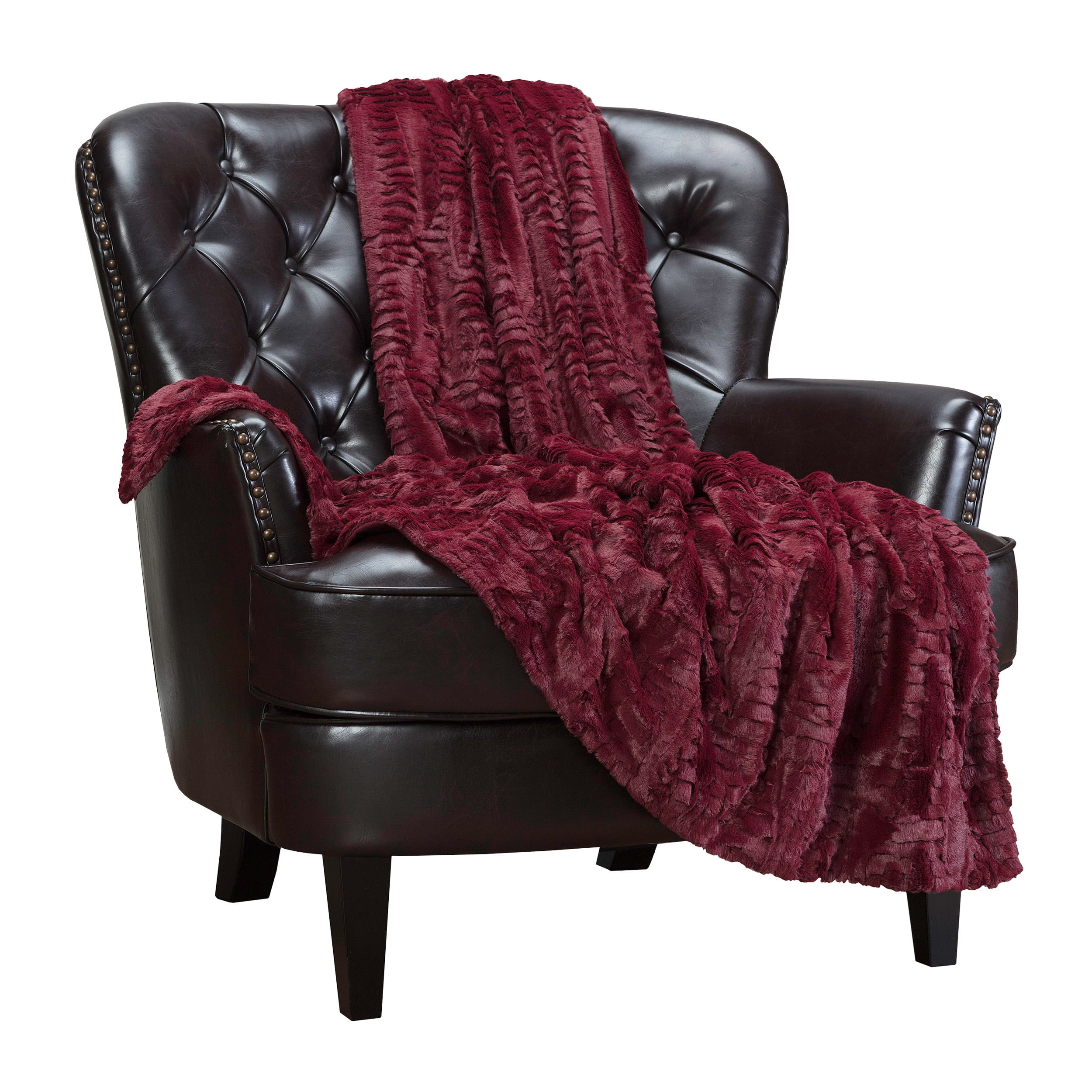 Chanasya Fuzzy Faux Feather Fur Throw Blanket - Reversible Soft Elegant Ruffle front and Micro Mink Back Chick Blanket for Bed Couch Room (50x65 Inches) Wine Maroon