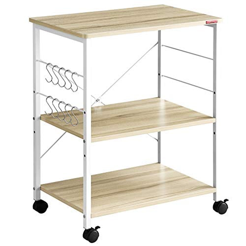 Mr IRONSTONE 3-Tier Kitchen Bakers Rack Utility Microwave Oven Stand Storage Cart Workstation Shelf(Light Beige Top+White Metal Frame)