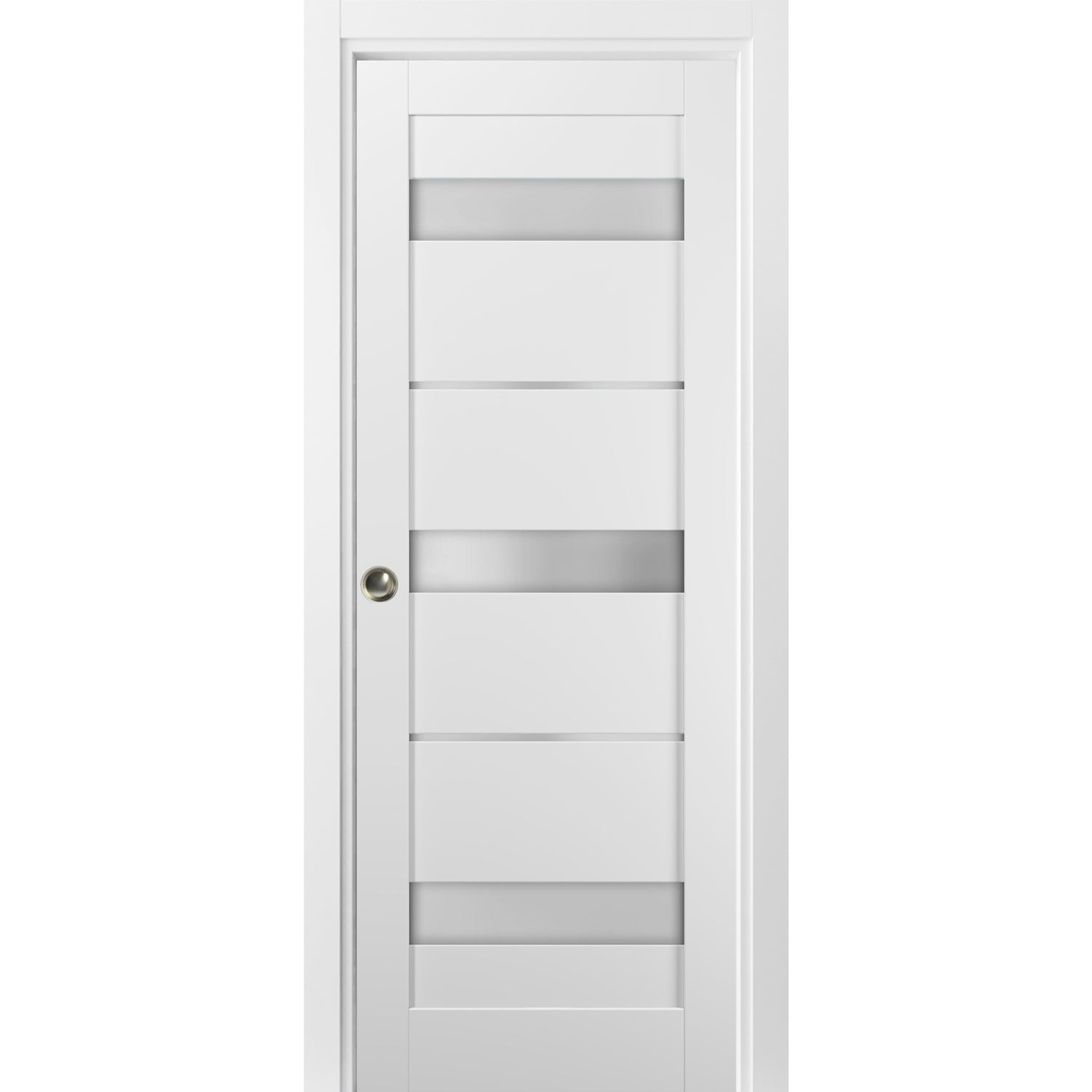 Panel Lite Pocket Door 36 x 84 with Frames | Quadro 4055 White Silk with Frosted Opaque Glass | Kit Trims Rail Hardware | Solid Wood Interior Pantry Kitchen Bedroom Sliding Closet Sturdy Doors