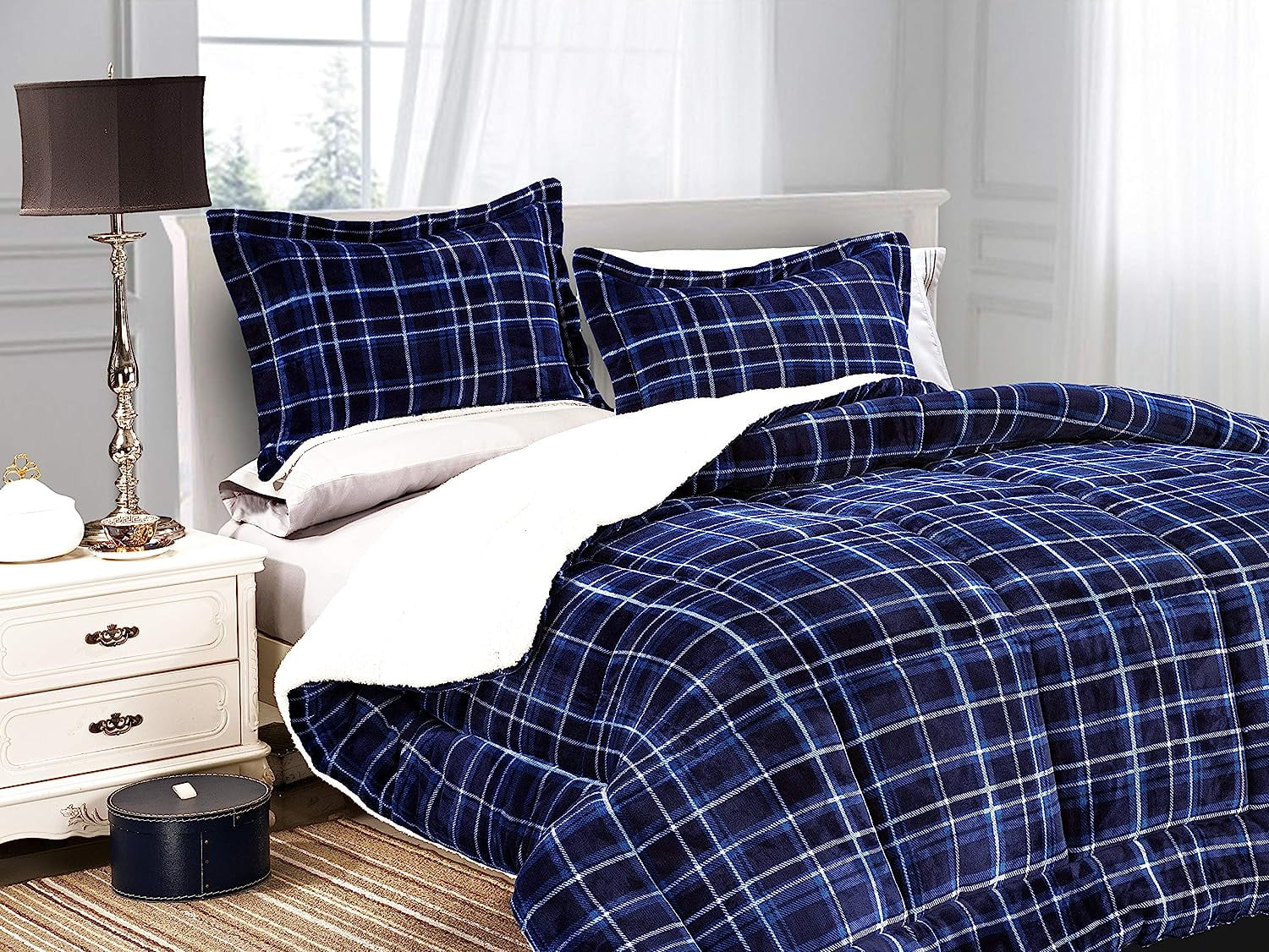Mocassi Heavy Weight Plaid Pattern 3PC Comforter Set - Micromink Sherpa-Backing, Down Alternative Micro-Suede, 3-Piece Comforter Set, Full/Queen, Navy