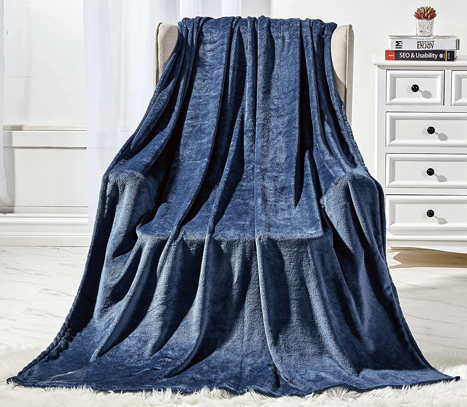 Elegant Comfort Breathable Fleece Throw Blanket, 50 x 60 inches, Perfect for Lounging and Home Decor, All Season Suitable, Solid Throw, Navy