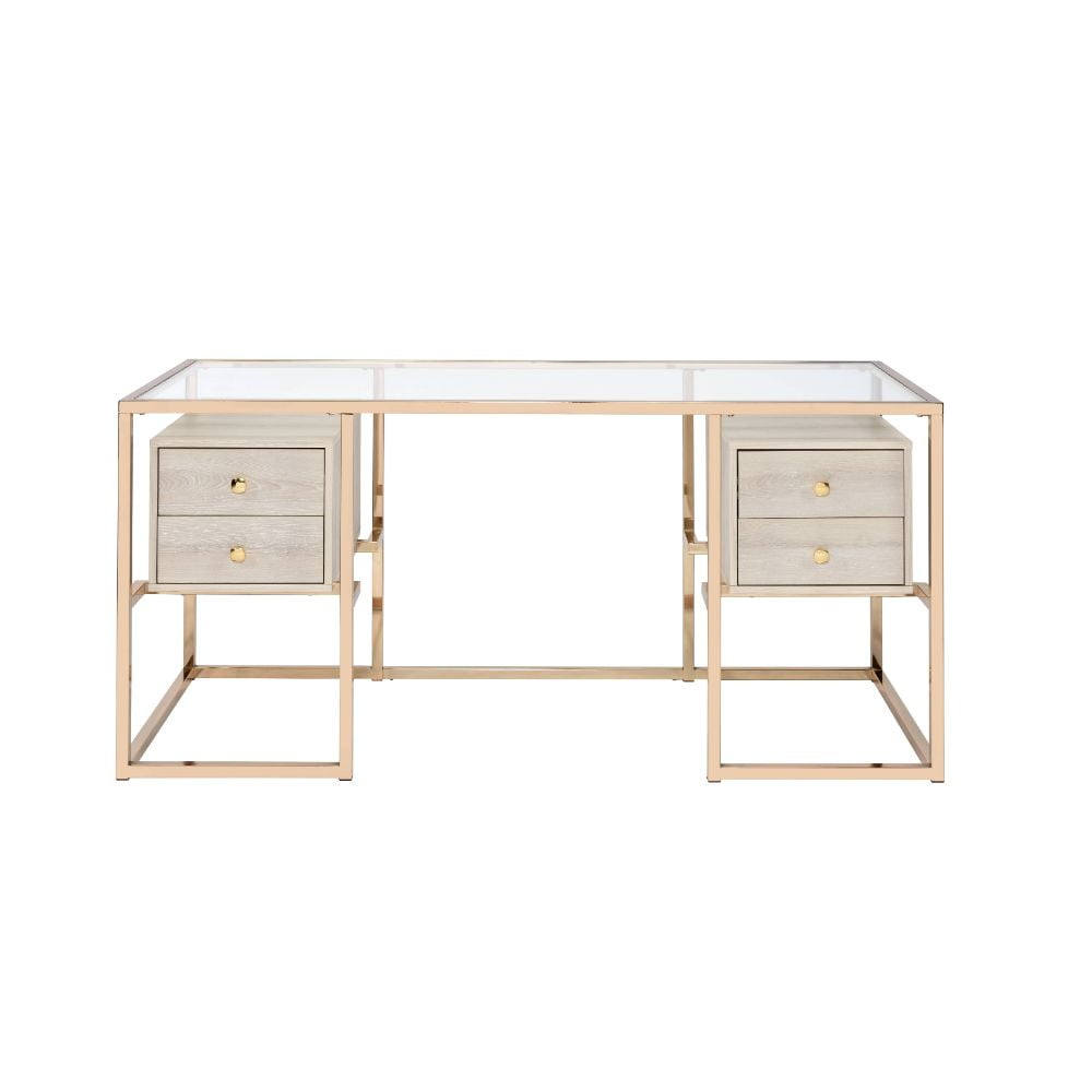 ACME Furniture Huyana Contemporary Tempered Glass & Metal Desk in Clear and Gold
