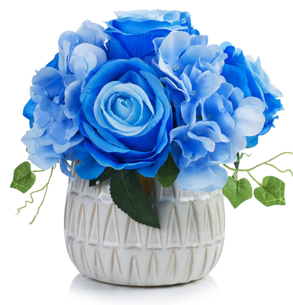 Enova Home Mixed Artificial Silk Hydrangea and Roses Faux Flowers Arrangement in Ceramic Pot for Home Office Wedding Decoration (Blue)
