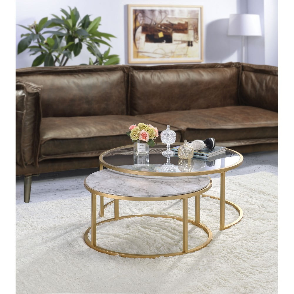 CLEARANCE! ACME Shanish Nesting Table Set (2Pc Pk) in Faux Marble & Gold 81110