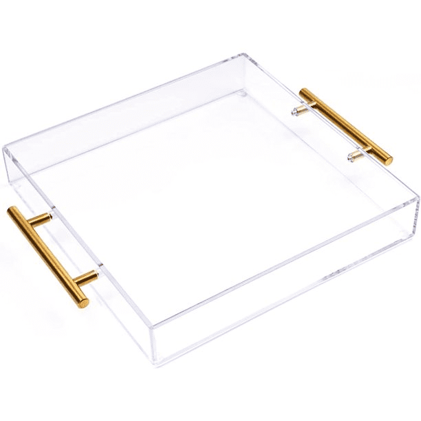 12"x12" Clear Acrylic Serving Tray with Golden Handles, Huge Capacity Sturdy Acrylic Tray for Coffee, Juice, Kitchen and Desk Organizer, Storage Tray (12"x12")