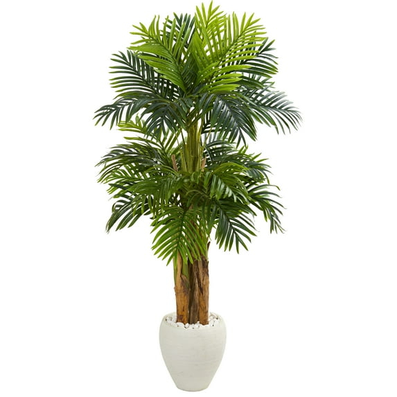 Nearly Natural 5.5-ft Triple Areca Palm Artificial Tree in White Planter