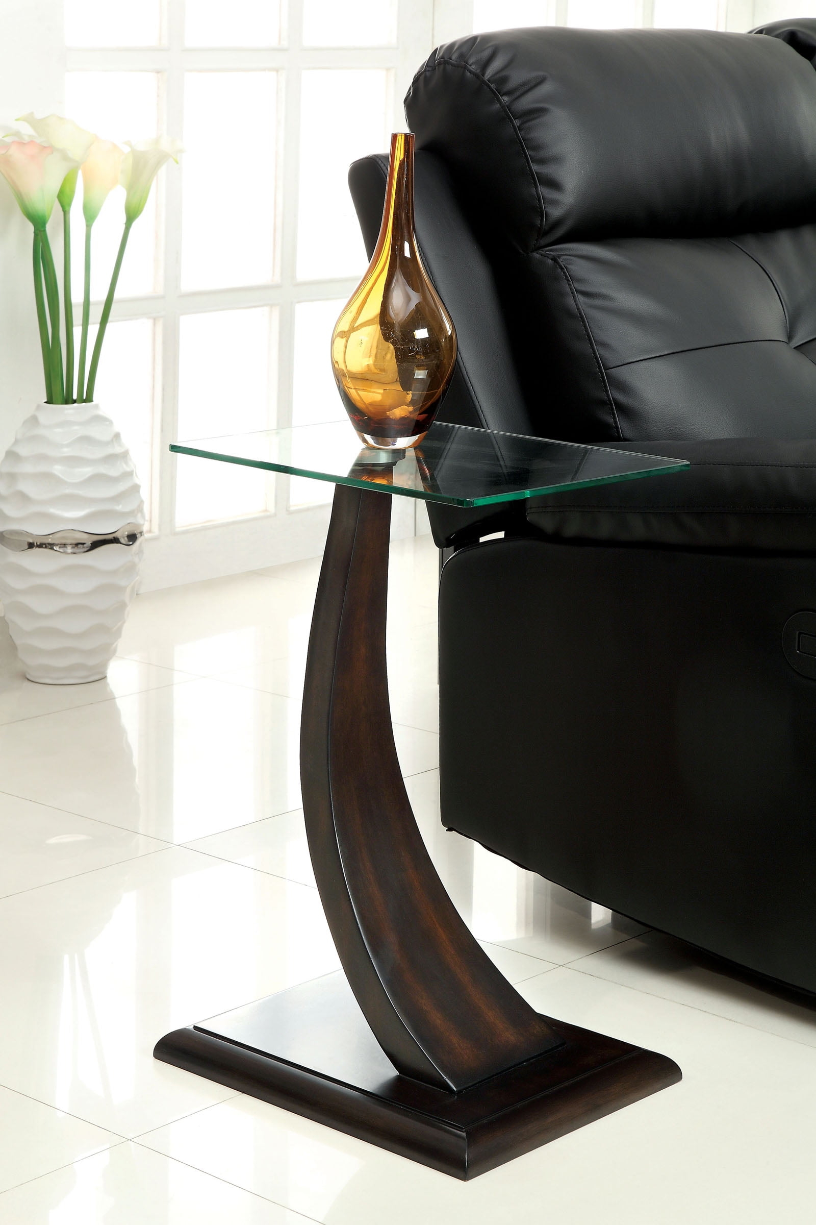 Furniture Of America Valon Dark Walnut Curved Pedestal Side Table With Glass Top