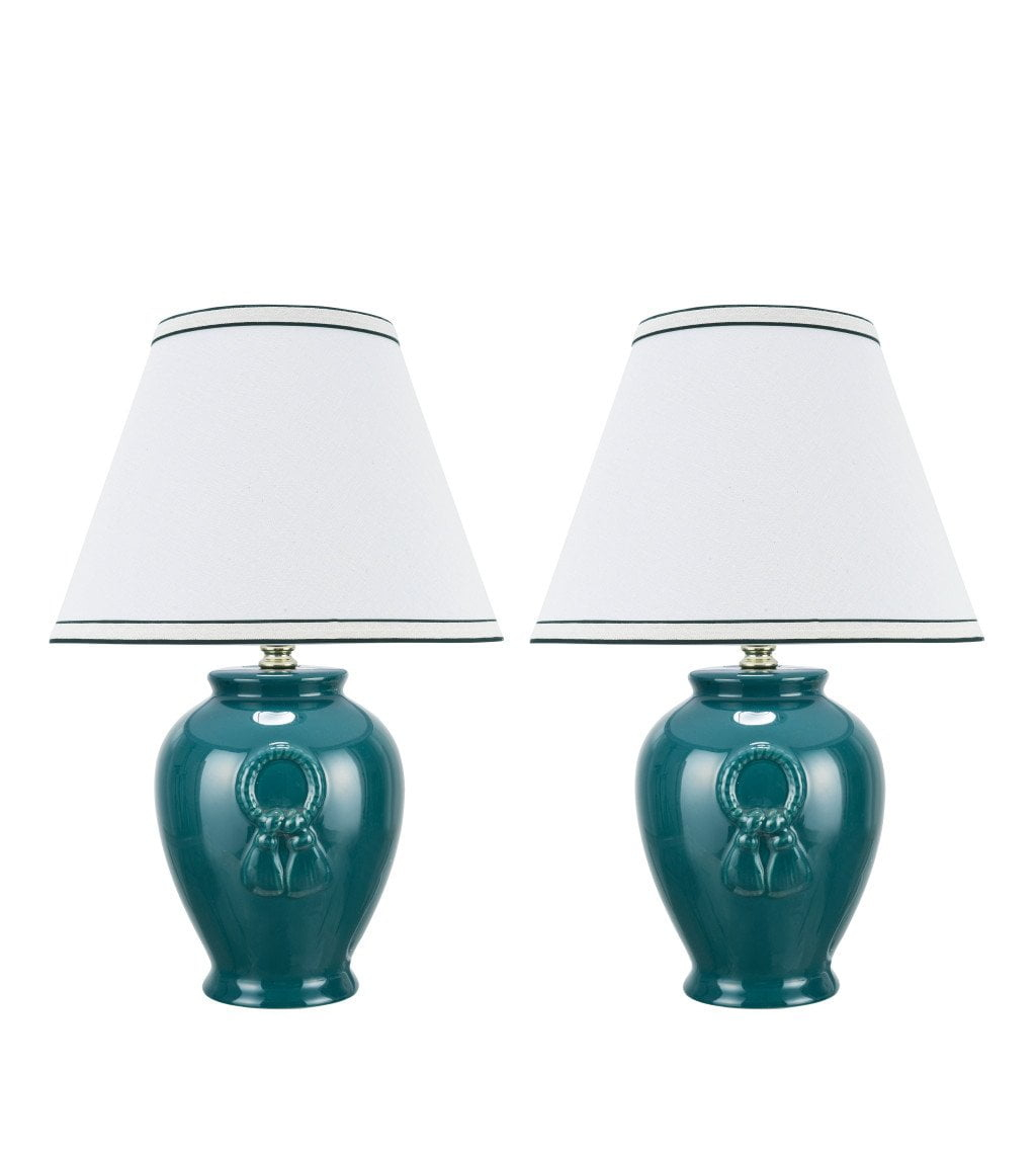 Aspen Creative 40069-2, Two Pack Set, 17" High, Traditional Ceramic Table Lamp, Green with Hardback Empire Shaped Lamp Shade in Off-White, 11 1/2" Wide
