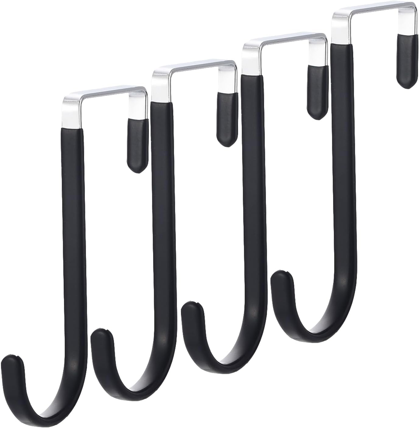 Over The Door Hooks, 4 Pack Upgraded Long Door Hangers Hooks with Rubber Prevent Scratches Heavy Duty Organizer Hooks for Hanging Clothes, Towels, Hats, Coats, Bags Black