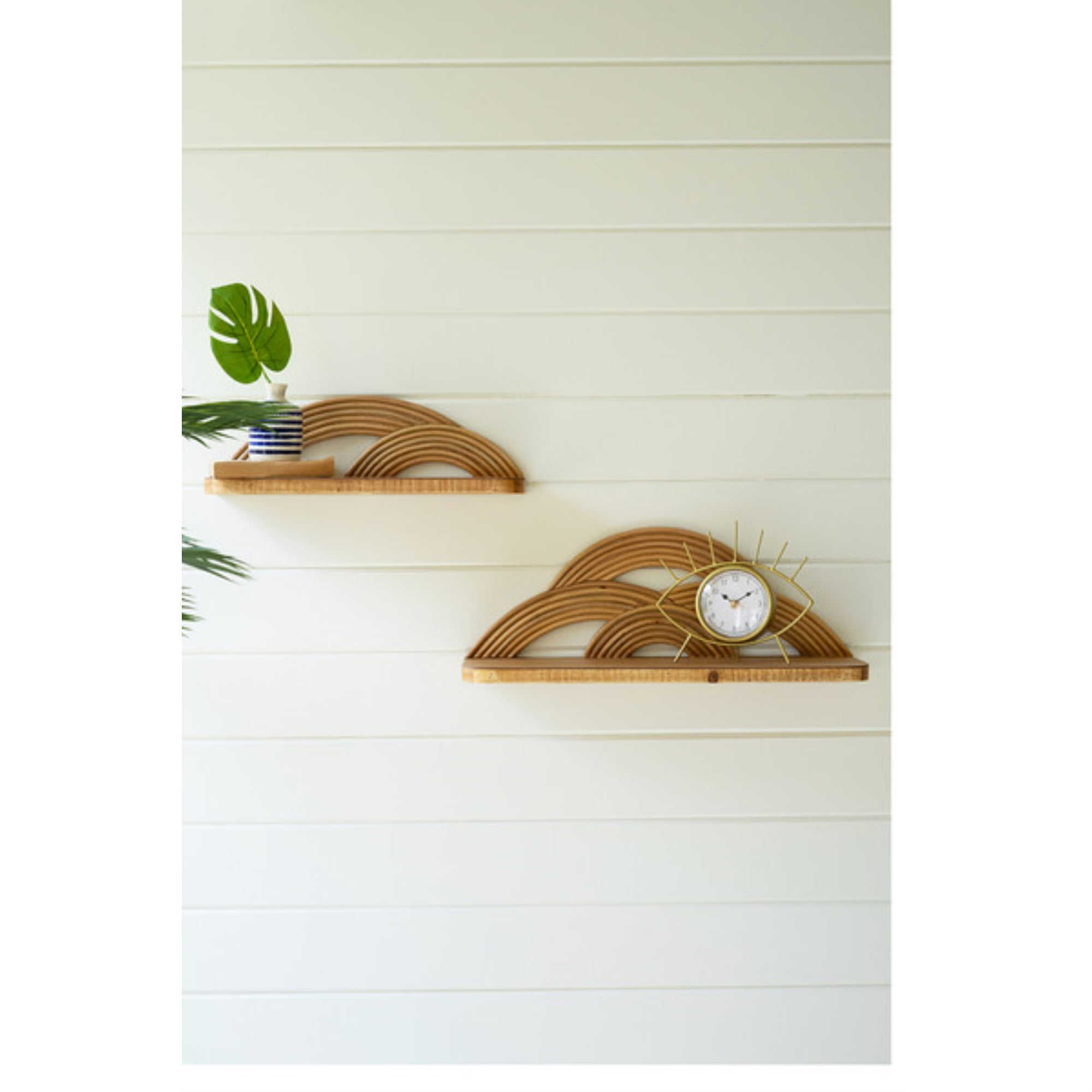 SET OF TWO WOODEN WALL SHELVES WITH ARCHED CANE DETAIL
