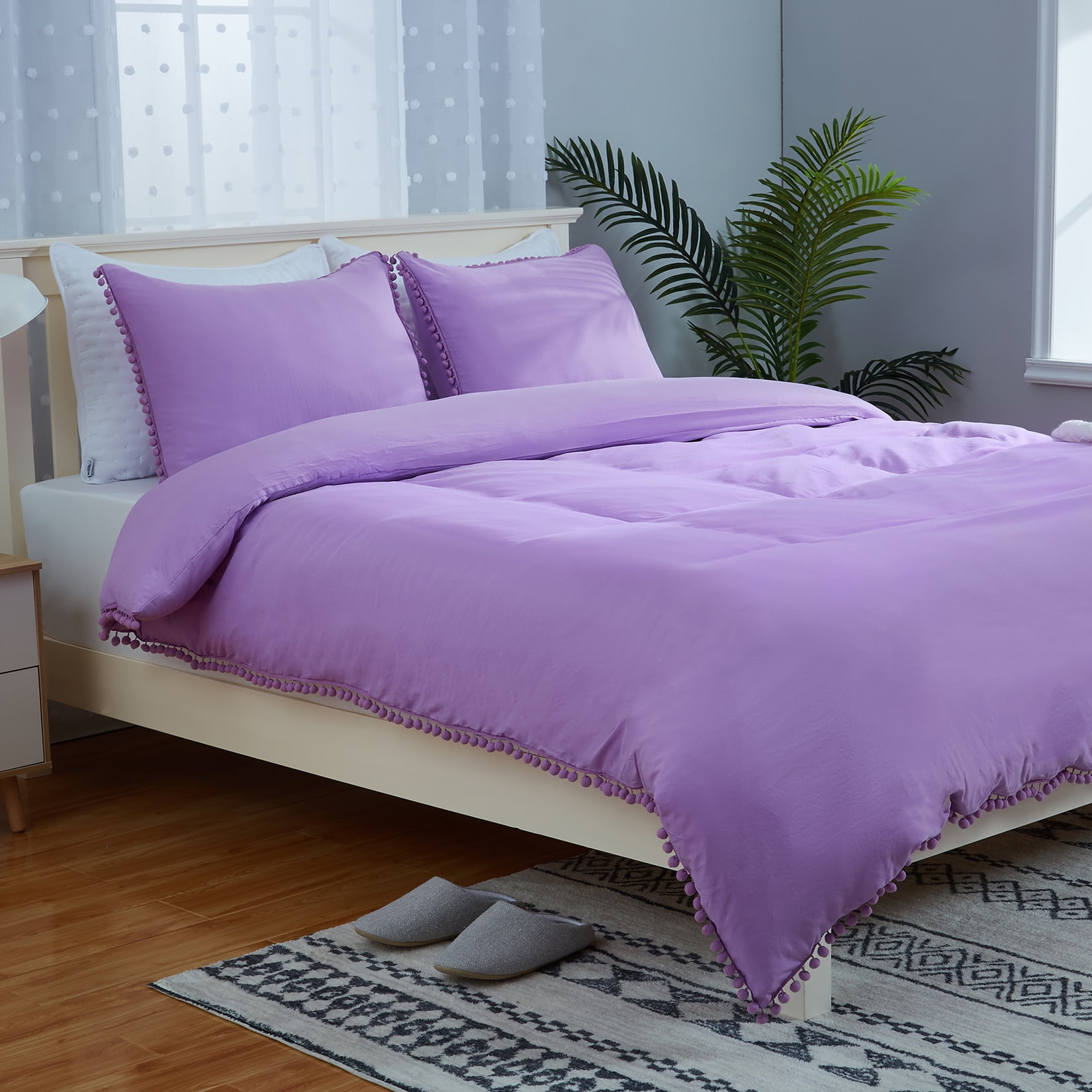 Soft Washed Microfiber Duvet Cover Set with Boho Pom Pom Fringe Zipper Closure