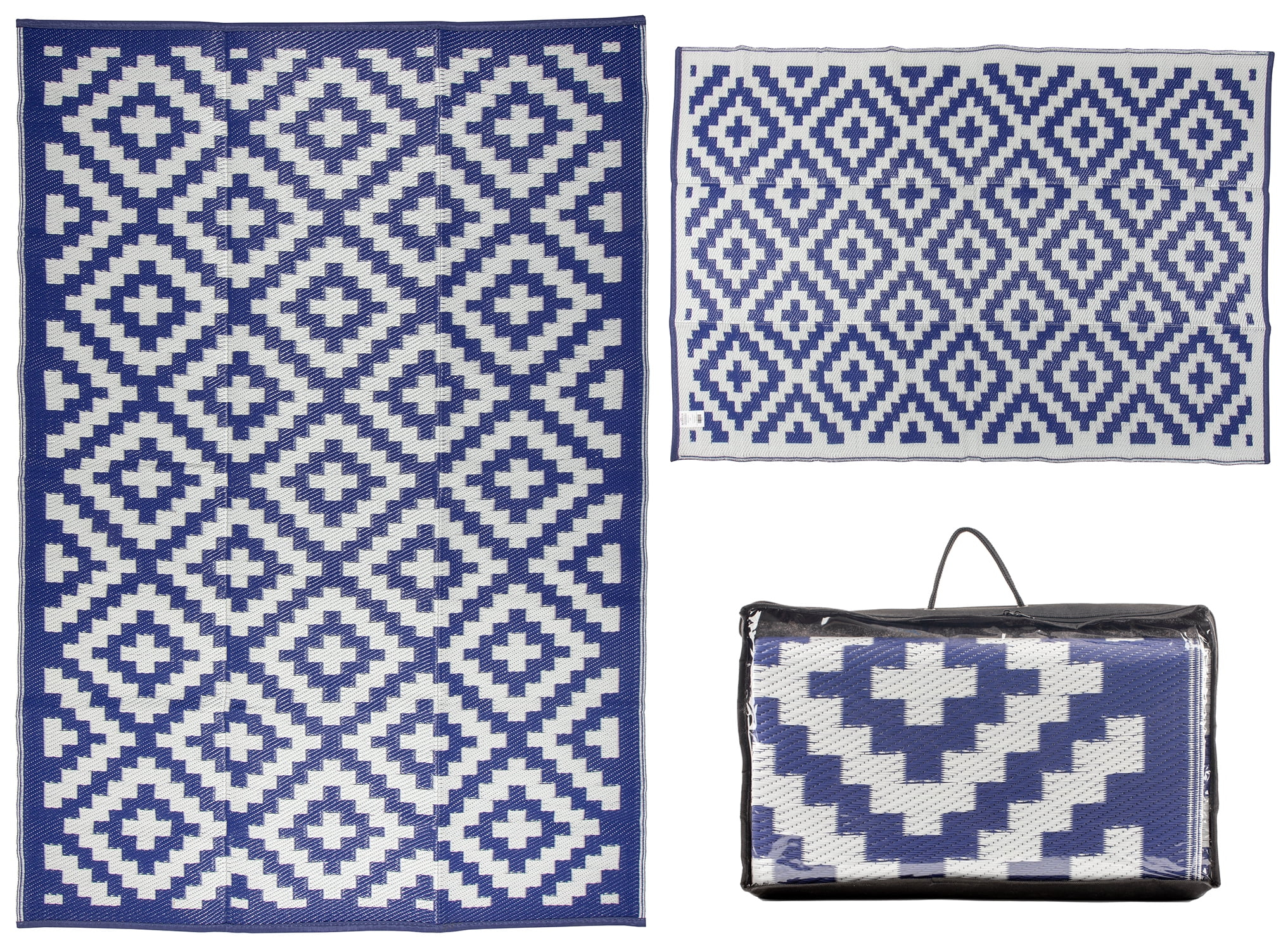 MSRUGS Courtyard Collection Trellis Design Blue/White Reversible Indoor/Outdoor Mat Area Rug with Bag - 9' x 12'
