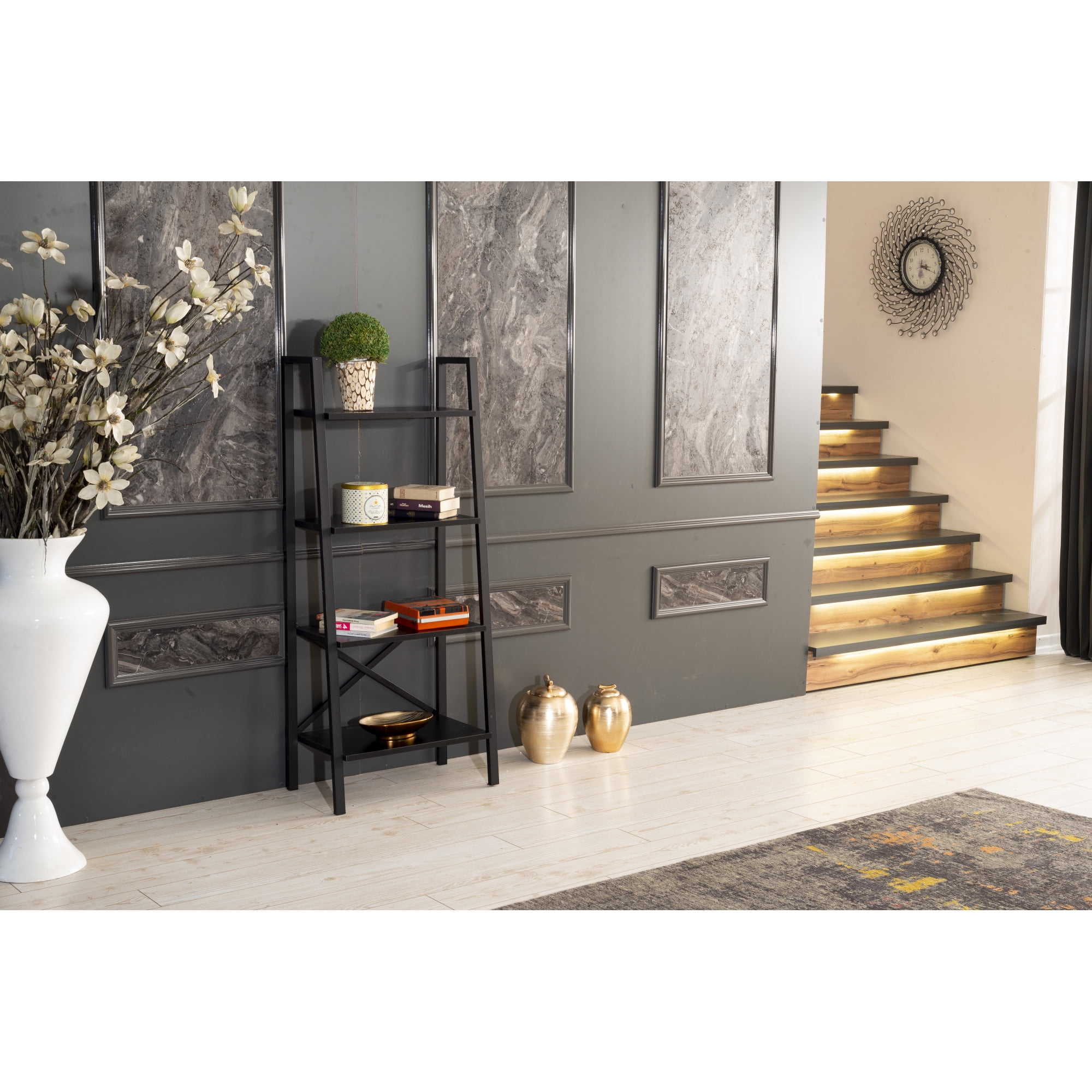 Leon 5 Tier Modern Ladder Bookshelf Organizers, Metal Frame Bookshelf for Small Spaces in Your Living Rooms, Office Furniture Bookcase, Black 949533