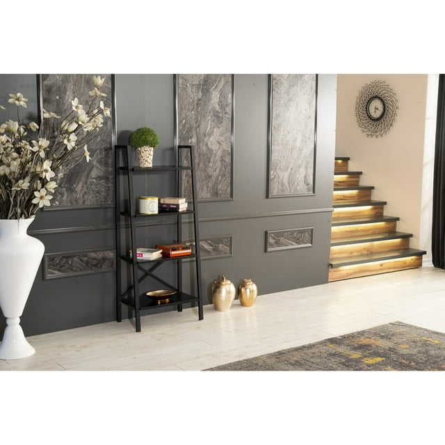 Leon 5 Tier Modern Ladder Bookshelf Organizers, Metal Frame Bookshelf for Small Spaces in Your Living Rooms, Office Furniture Bookcase, Black 949533