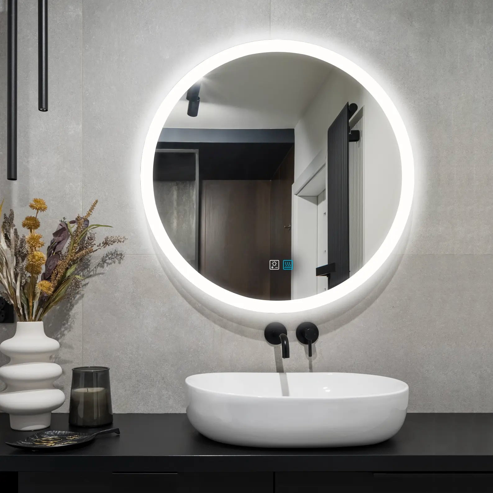 LED Lighted 24" Wall Mounted Simple Frameless Round Bathroom Vanity Mirror
