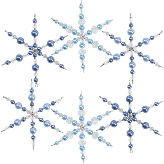 1 Box 6 Pack Glass Beaded Snowflake Ornaments Crystal Snowflakes Decorations Wire Frame Blue White Snowflake Bead Christmas Ornament Craft Decoration