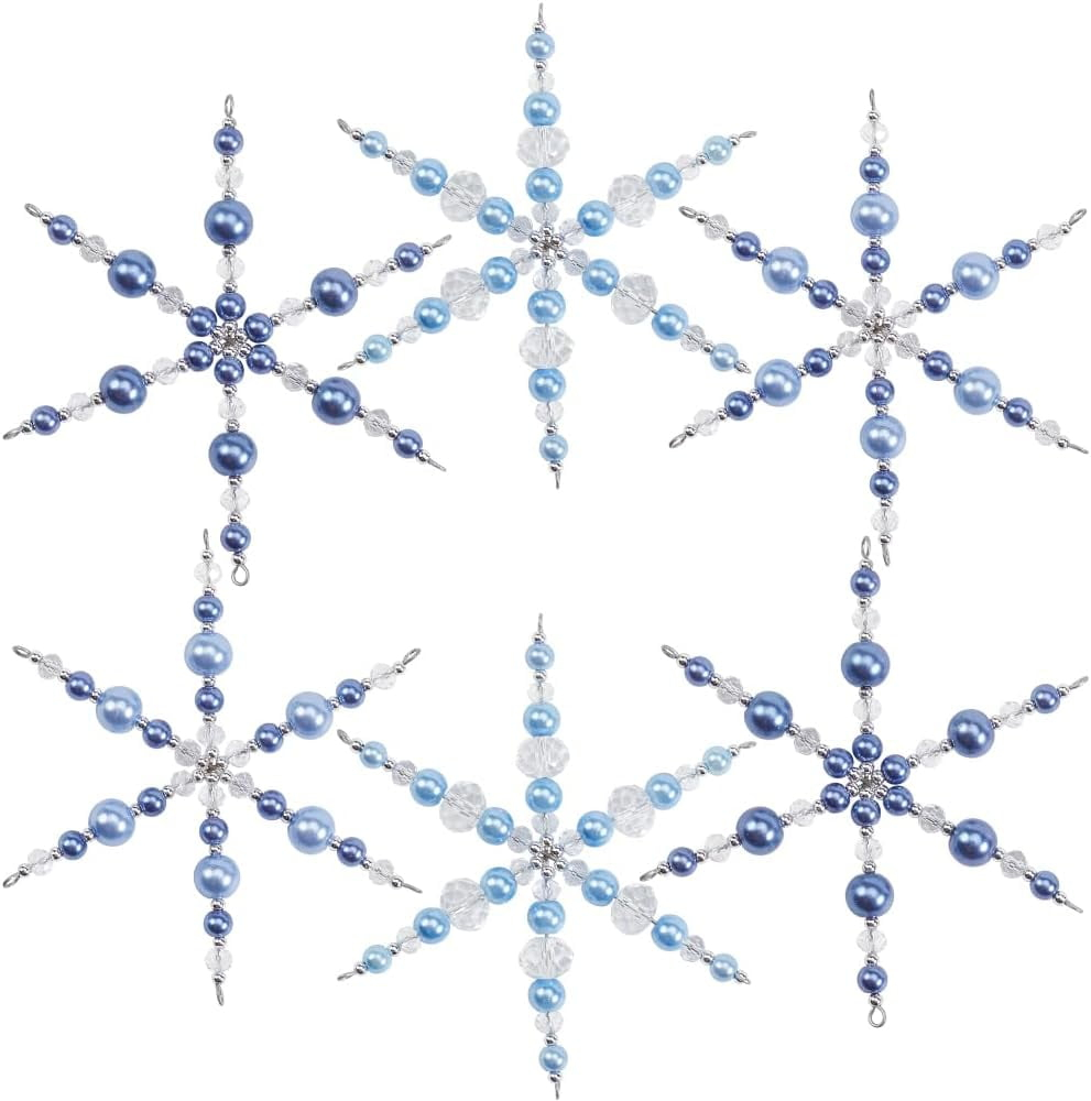 1 Box 6 Pack Glass Beaded Snowflake Ornaments Crystal Snowflakes Decorations Wire Frame Blue White Snowflake Bead Christmas Ornament Craft Decoration