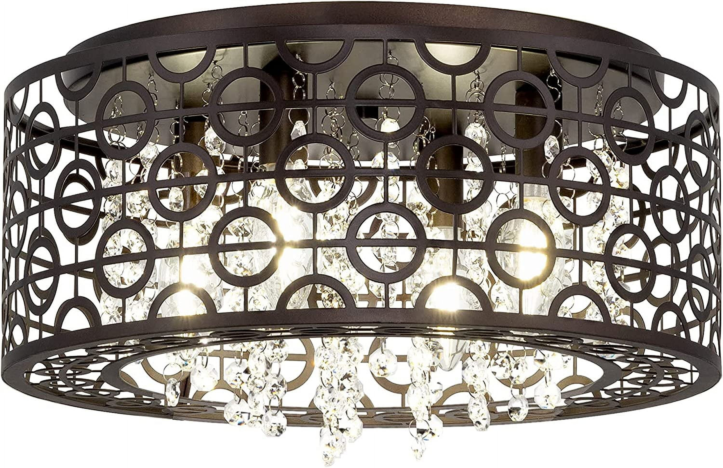 Kira Home Brielle 15" Chic 4-Light Crystal Flush Mount Chandelier + Round Metal Shade, Dimmable, Oil Rubbed Bronze