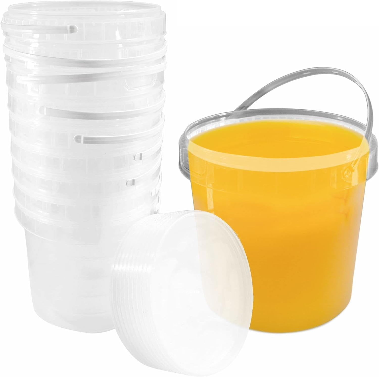1 Gallon (128 oz) Clear Plastic Bucket with Lid and Handle (3 Pack), Ice Cream Tub with Lids - Food Grade Freezer and Microwave Safe Food Storage Containers, Round Plastic Pail Container, BPA