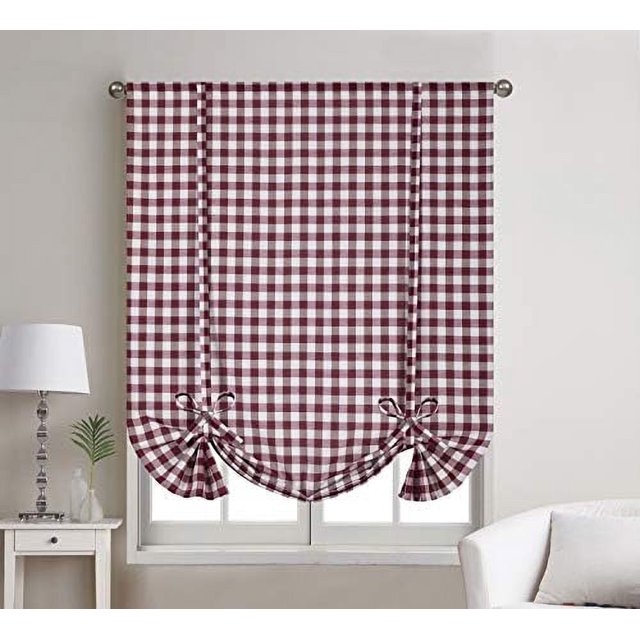 Buffalo Check Plaid Gingham Tie-Up Window Single Curtain, 42" x 63", Burgundy
