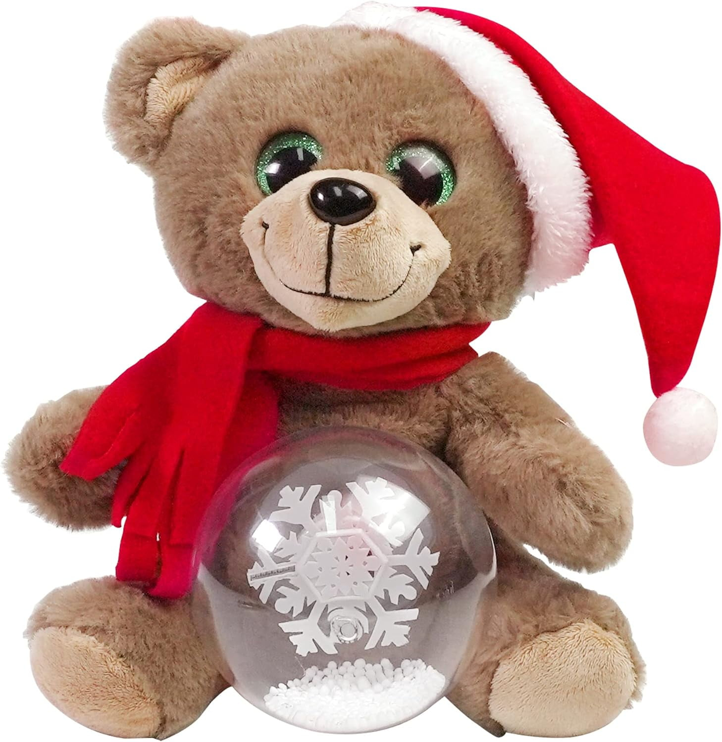 10'' Christmas Teddy Bear Stuffed Animals Plush, LED Light Glow Musical Singing Bear Plush Toys with Snow Globes, Birthday Festivals Gifts for Boys Girls (Brown)