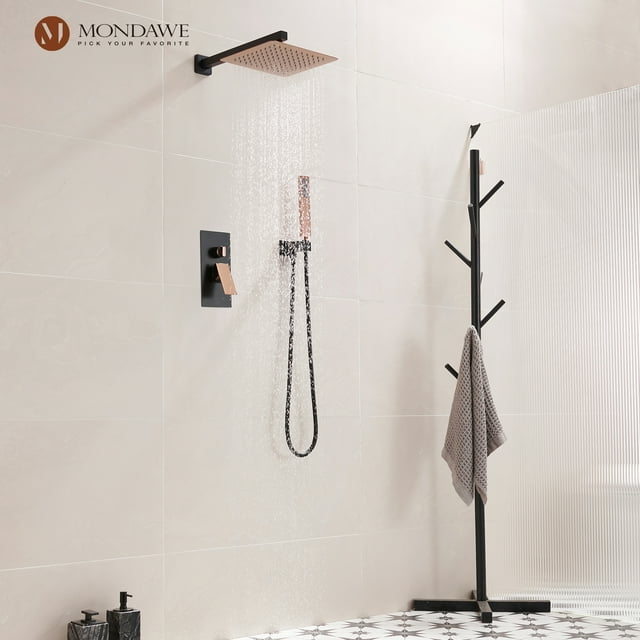 10 Inch Matte Black Shower System with Handheld Shower head, Bathroom Mixer Shower Set Wall Mounted Shower Faucet Rough-in Valve and Trim Kit