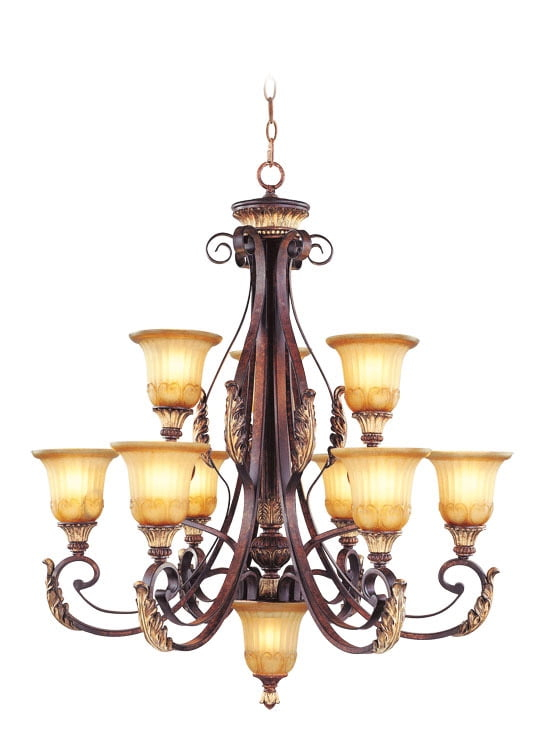 10 Light Verona Bronze Chandelier with Rustic Art Glass Shade