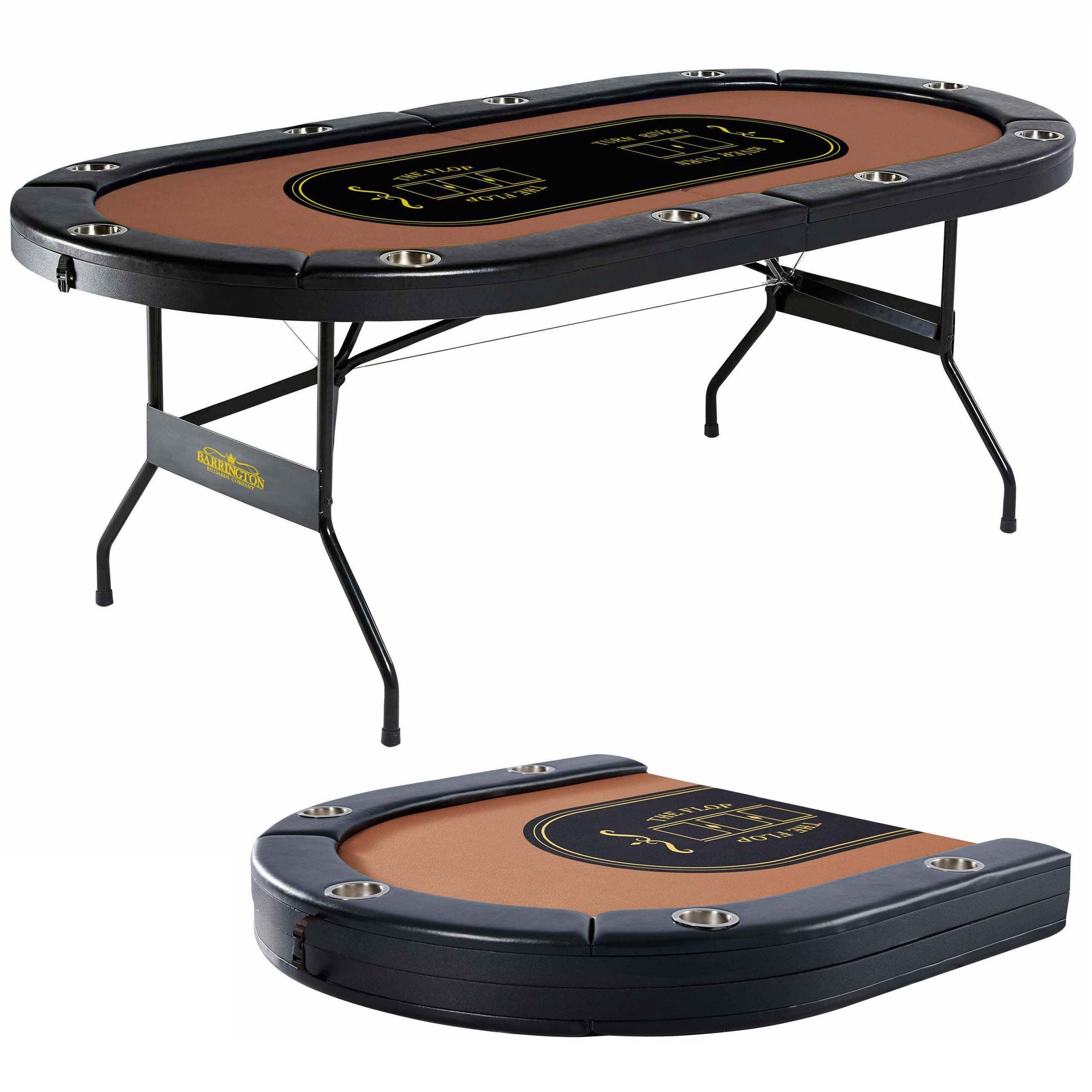 Barrington 10 Player Folding Poker Table with Steel Cup Holders & Padded Rails – No Assembly Required, Casino Style, Black/Brown