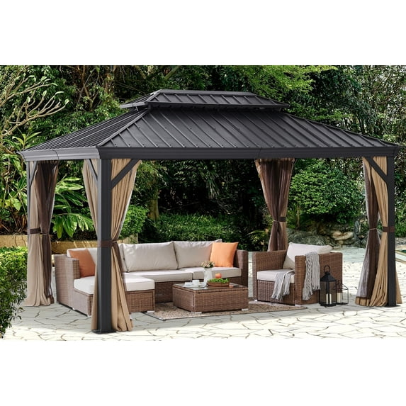 Barton 10x14 Gazebo, Hardtop Gazebo With Aluminum Frame, Double Galvanized Steel Roof, Curtains and Netting Included, Metal Gazebos Pergolas for Patios, Garden, Parties, Lawns