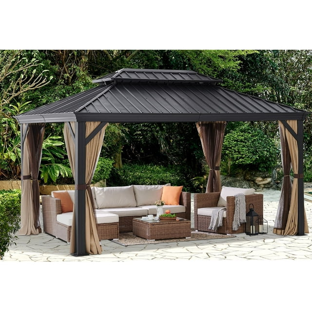 Barton 10x14 Gazebo, Hardtop Gazebo With Aluminum Frame, Double Galvanized Steel Roof, Curtains and Netting Included, Metal Gazebos Pergolas for Patios, Garden, Parties, Lawns