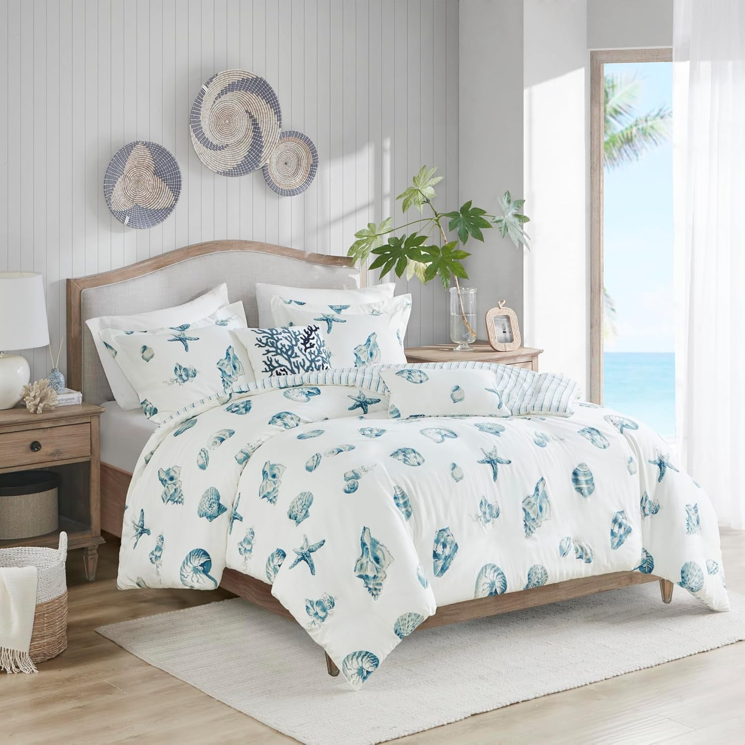 100% Cotton Duvet Cover, Seashells Duvet Cover Set Light Weight Bed Comforter Covers, Beach House Blue Ivory King/Cal King (106"x90") 3 Piece