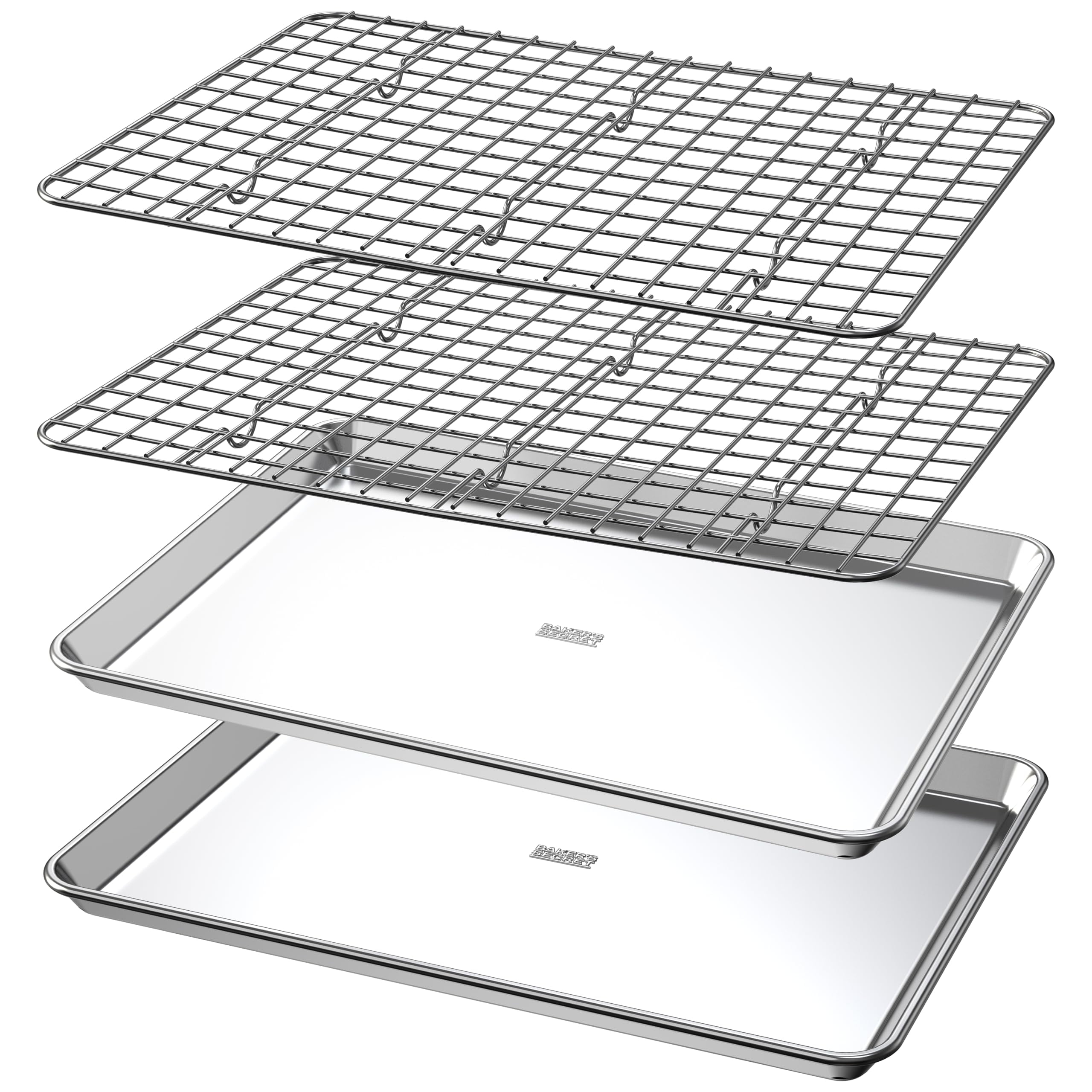 100% Recycled Aluminum by Baker's Secret, Bakeware Set 4pcs, 2x Baking Trays for Oven Cookie Sheet 18" with 2x Stainless Steel Rack Never Rust - The Natural Aluminum Collection